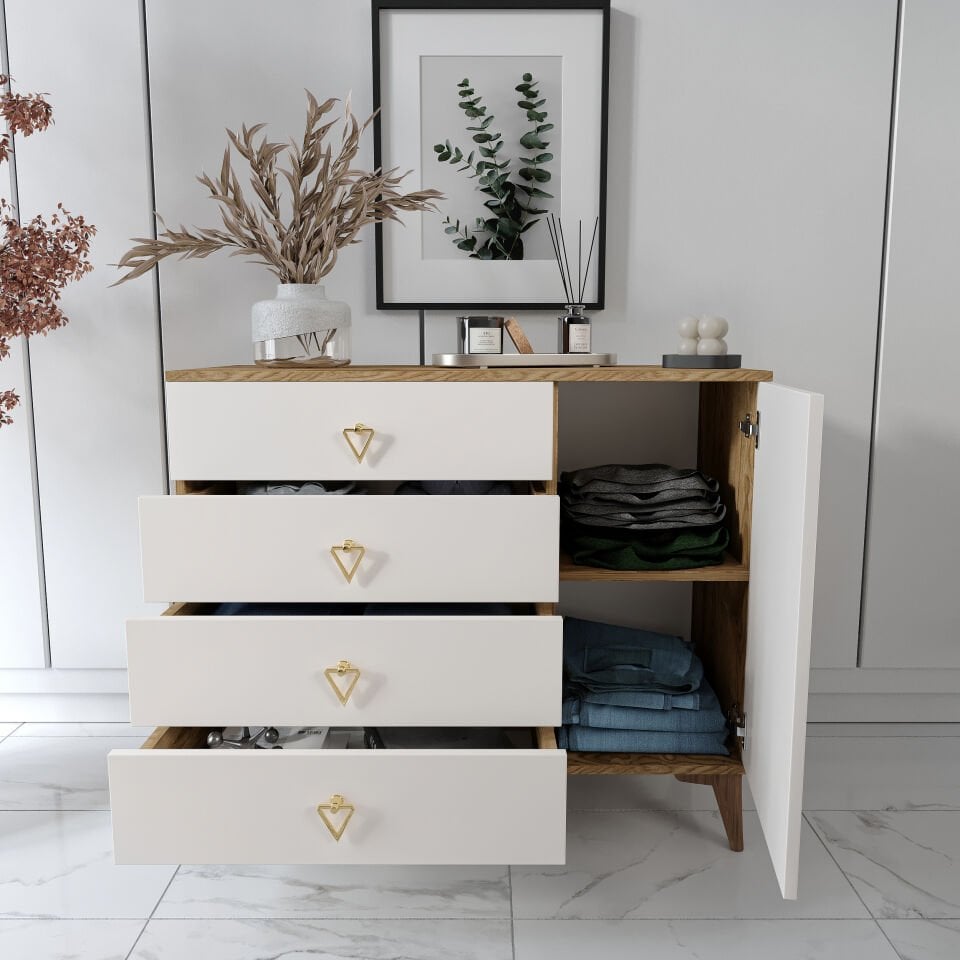 Simple 4 Çekmeceli 1 Kapaklı Modern Şifonyer Ekru Ceviz