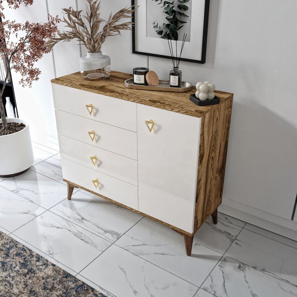 Simple 4 Çekmeceli 1 Kapaklı Modern Şifonyer Ekru Ceviz