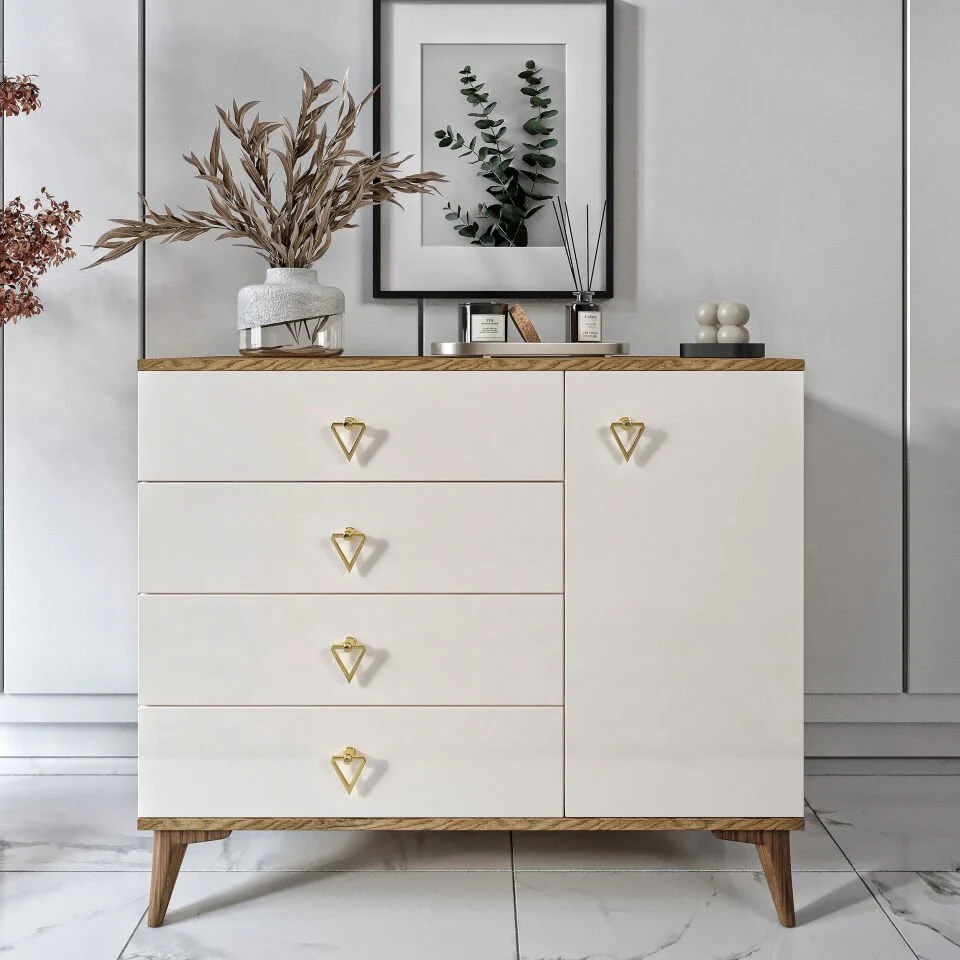 Simple 4 çekmeceli ekru ceviz şifonyer modeli