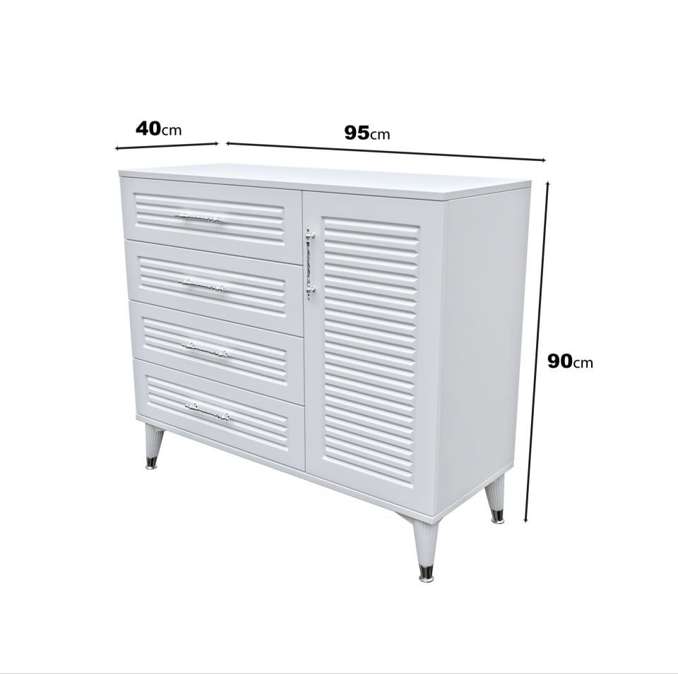 Çekmece ve kapaklı beyaz gümüş yatak odası şifonyer