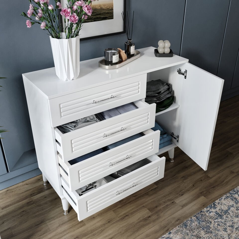 MDF panjurlu kapaklı beyaz gümüş şifonyer