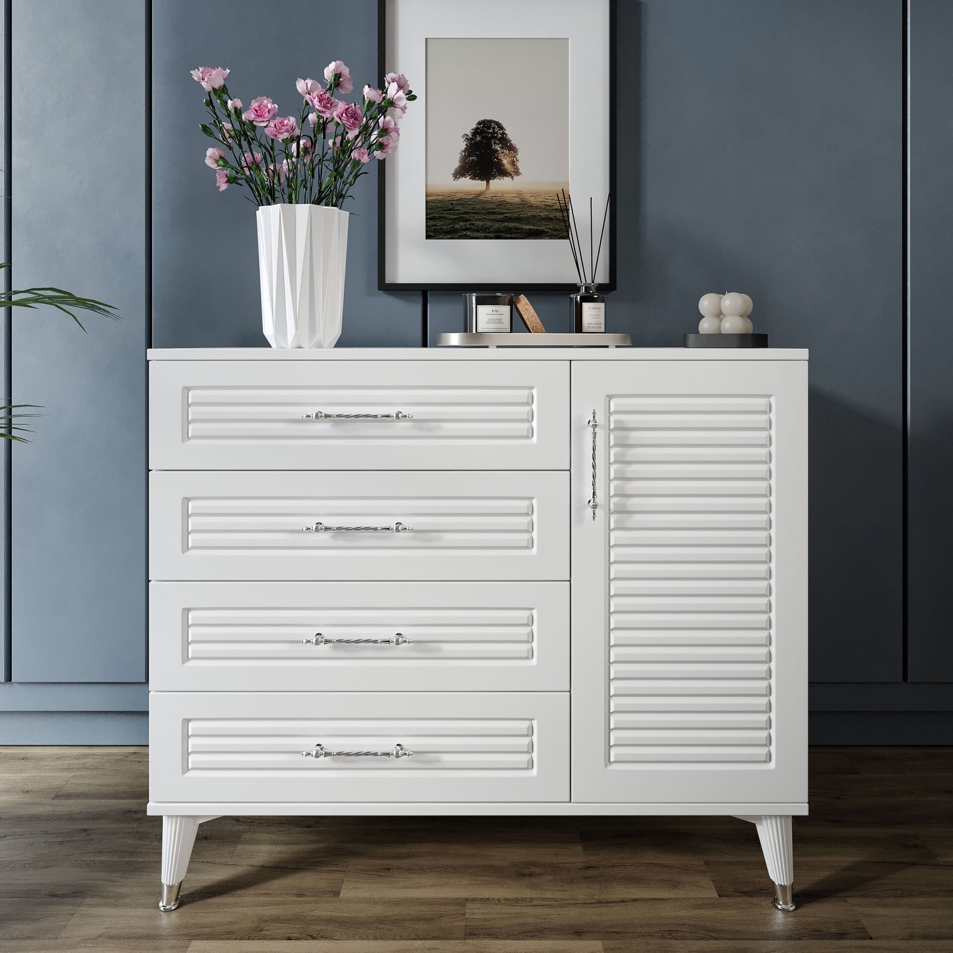 Şifonyer Panjurlu 4 Çekmeceli Mdf Kapaklı - Beyaz Gümüş