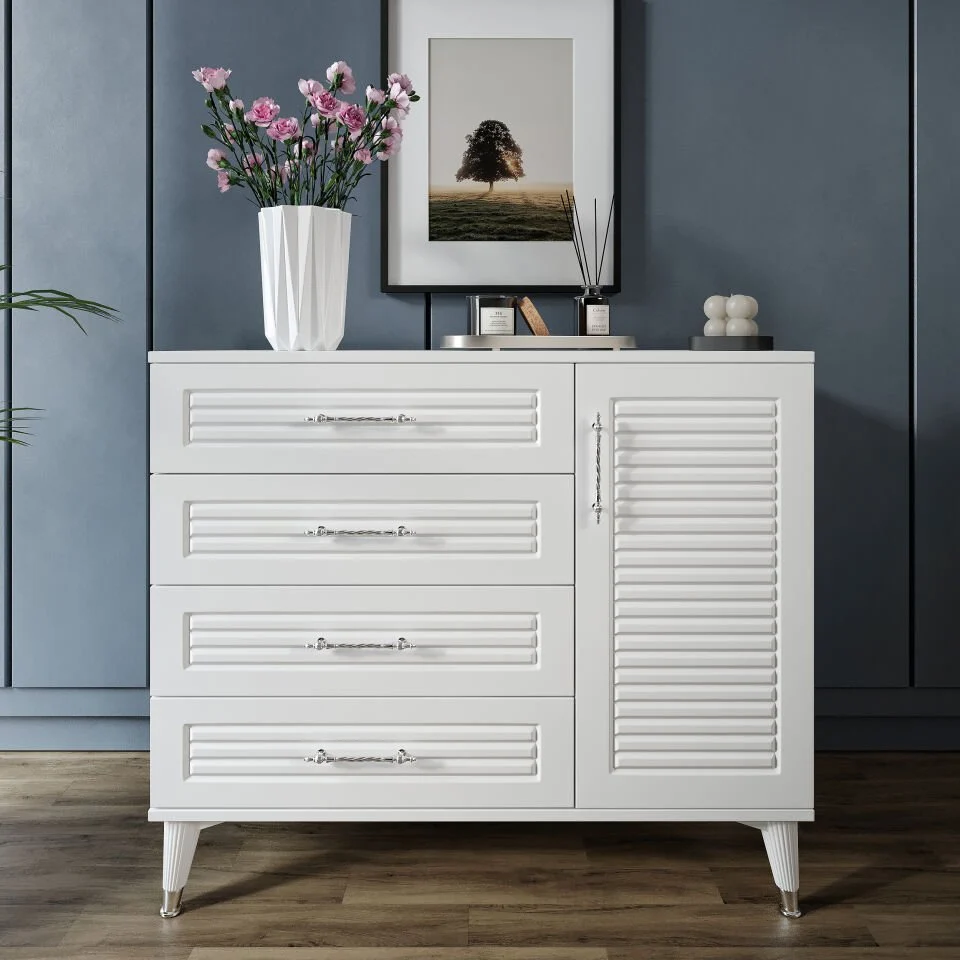 Şifonyer Panjurlu 4 Çekmeceli Mdf Kapaklı - Beyaz Gümüş