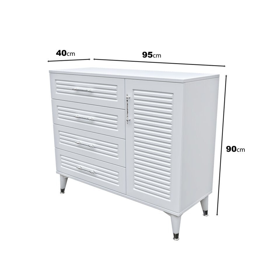 Panjurlu 4 Çekmeceli 1 Kapaklı Şifonyer – Modern Tasarım, MDF Kapak, Beyaz Gümüş
