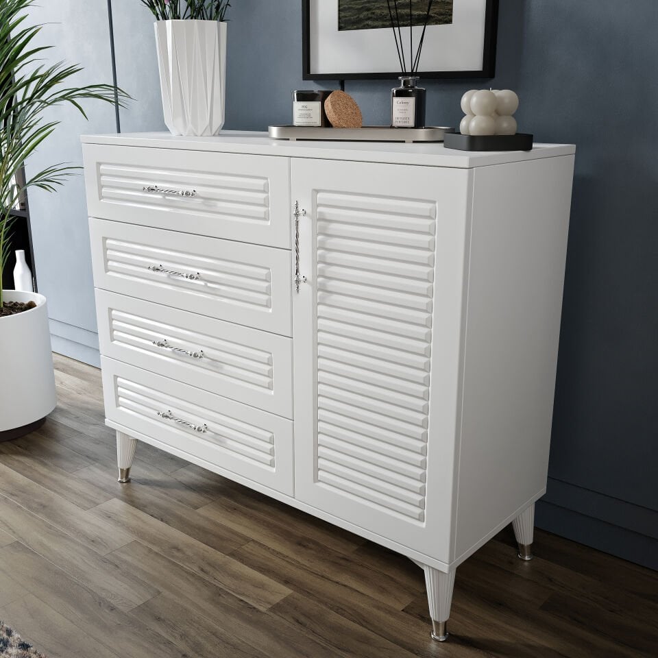 Panjurlu 4 Çekmeceli 1 Kapaklı Şifonyer – Modern Tasarım, MDF Kapak, Beyaz Gümüş