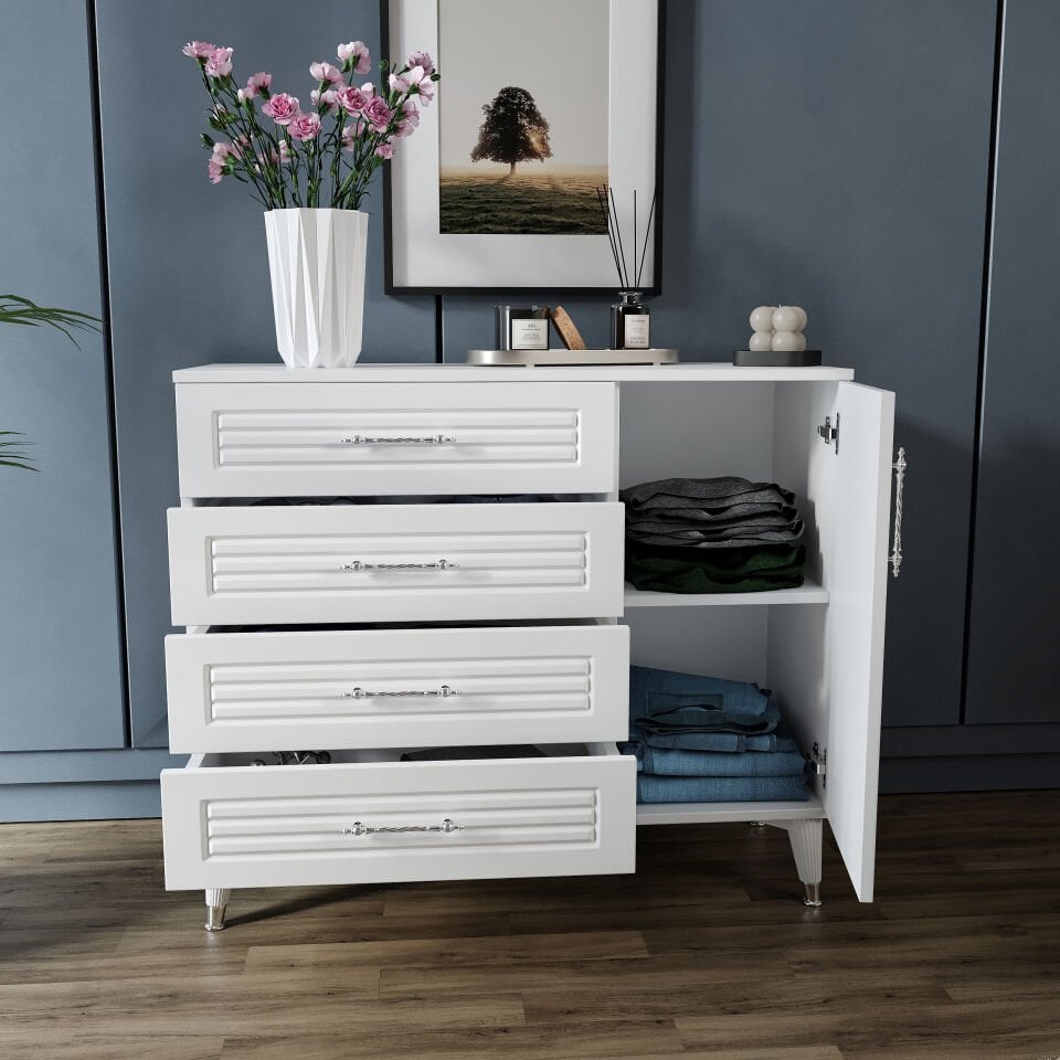 Panjurlu 4 Çekmeceli 1 Kapaklı Şifonyer – Modern Tasarım, MDF Kapak, Beyaz Gümüş