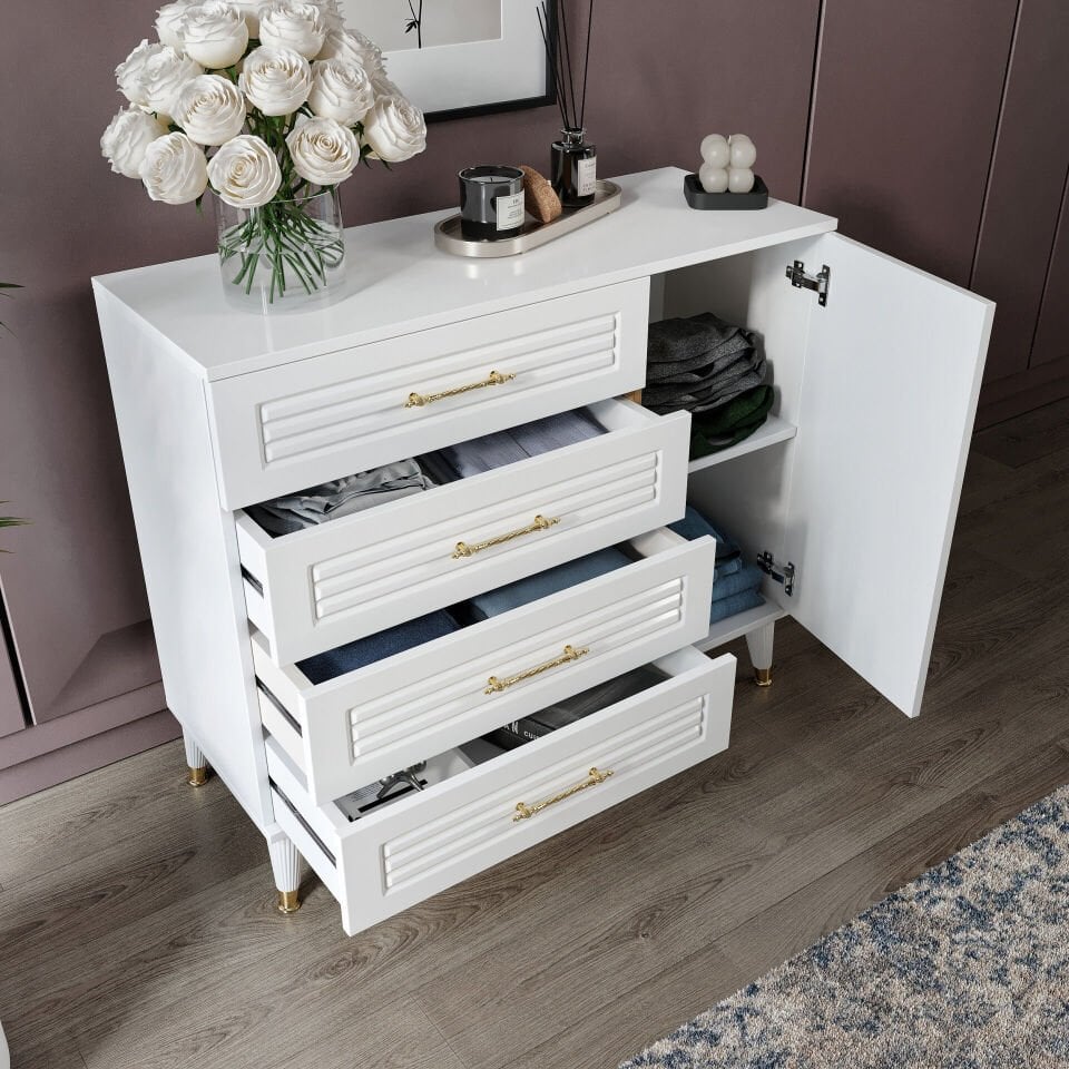 Modern beyaz gold şifonyer, panjurlu detay ve geniş çekmeceler