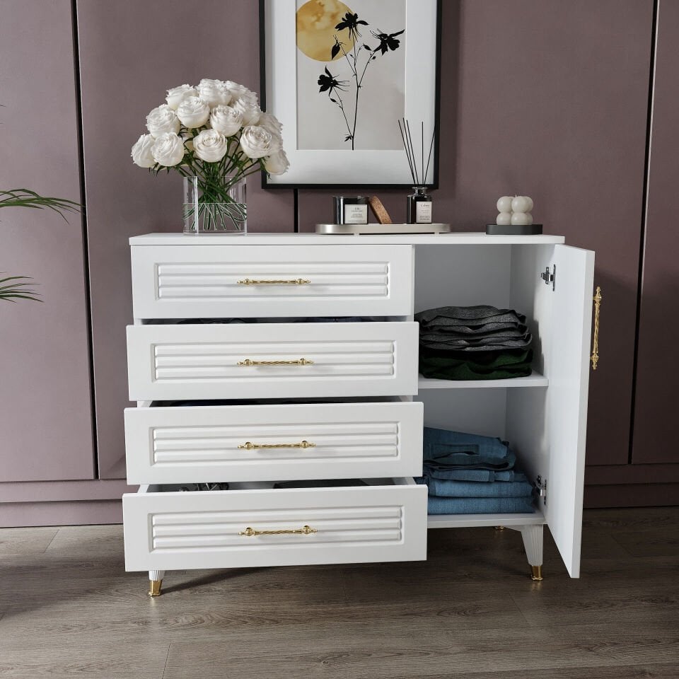 Yatak odası için beyaz gold panjurlu 4 çekmeceli şifonyer