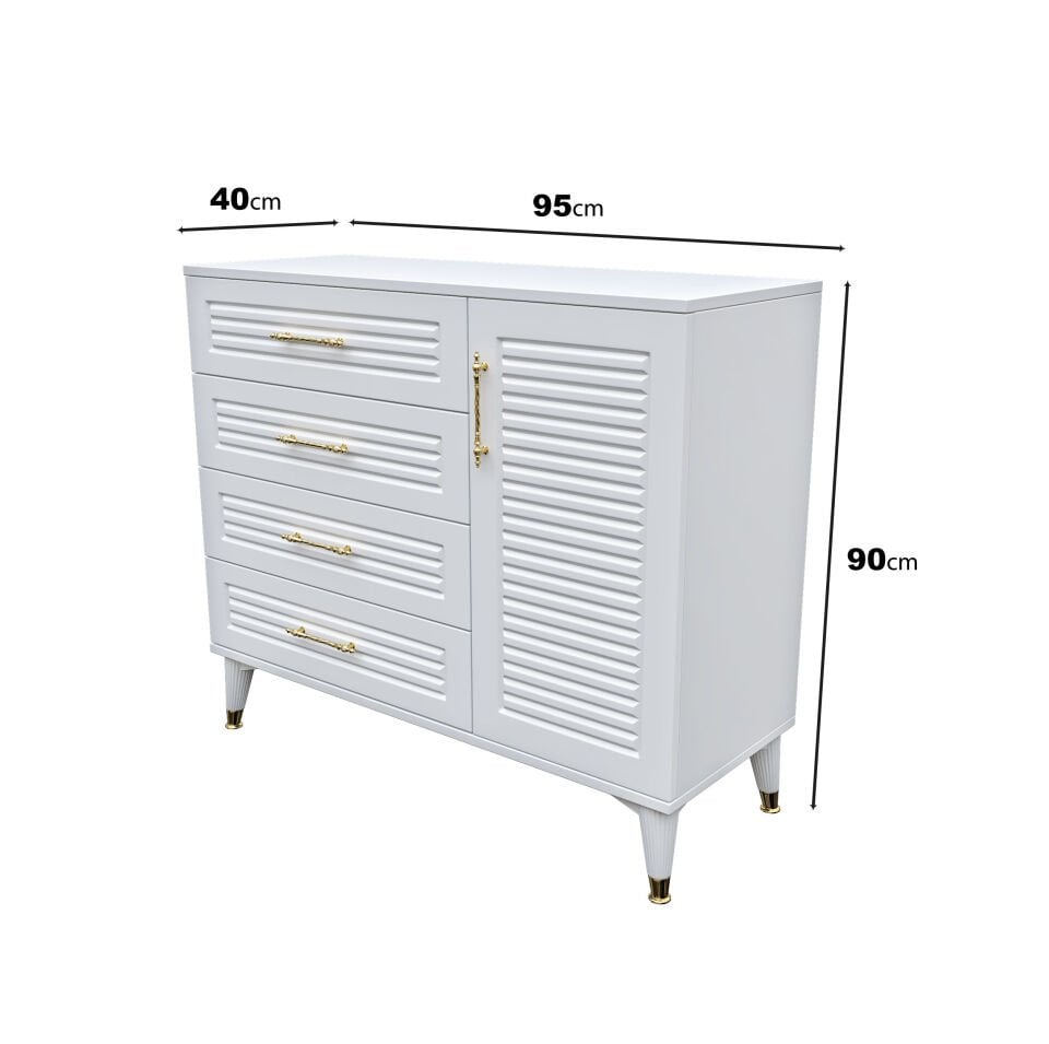 Panjurlu 4 Çekmeceli 1 Kapaklı Şifonyer – Modern Tasarım, MDF Kapak, Beyaz Gold