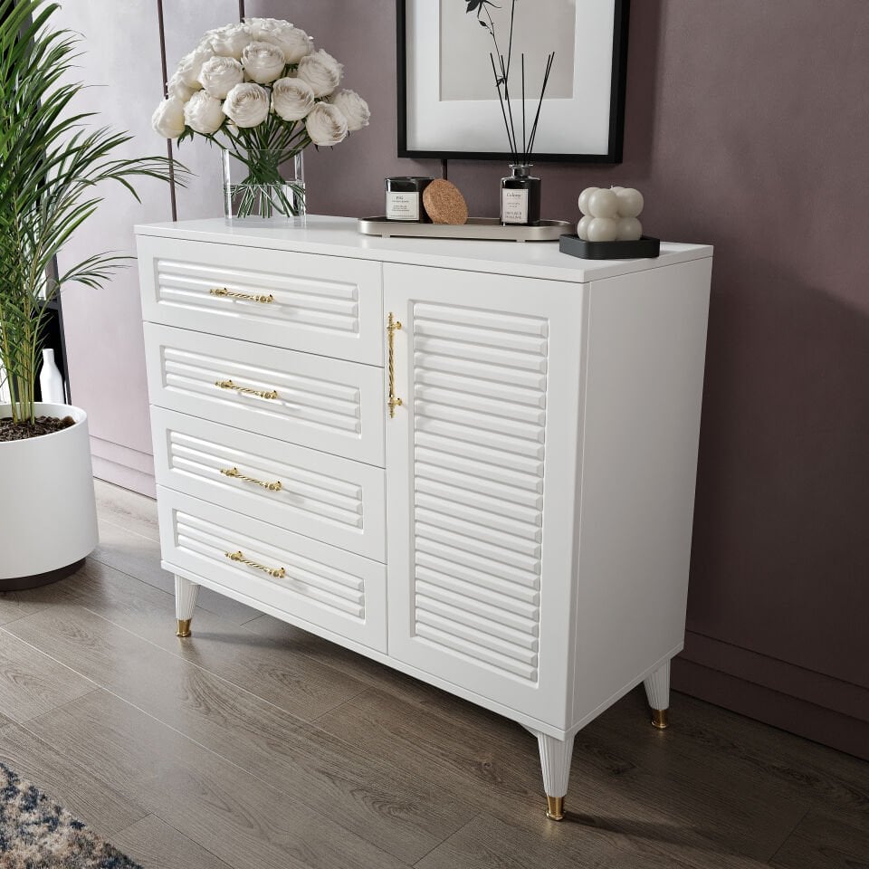 Panjurlu 4 Çekmeceli 1 Kapaklı Şifonyer – Modern Tasarım, MDF Kapak, Beyaz Gold