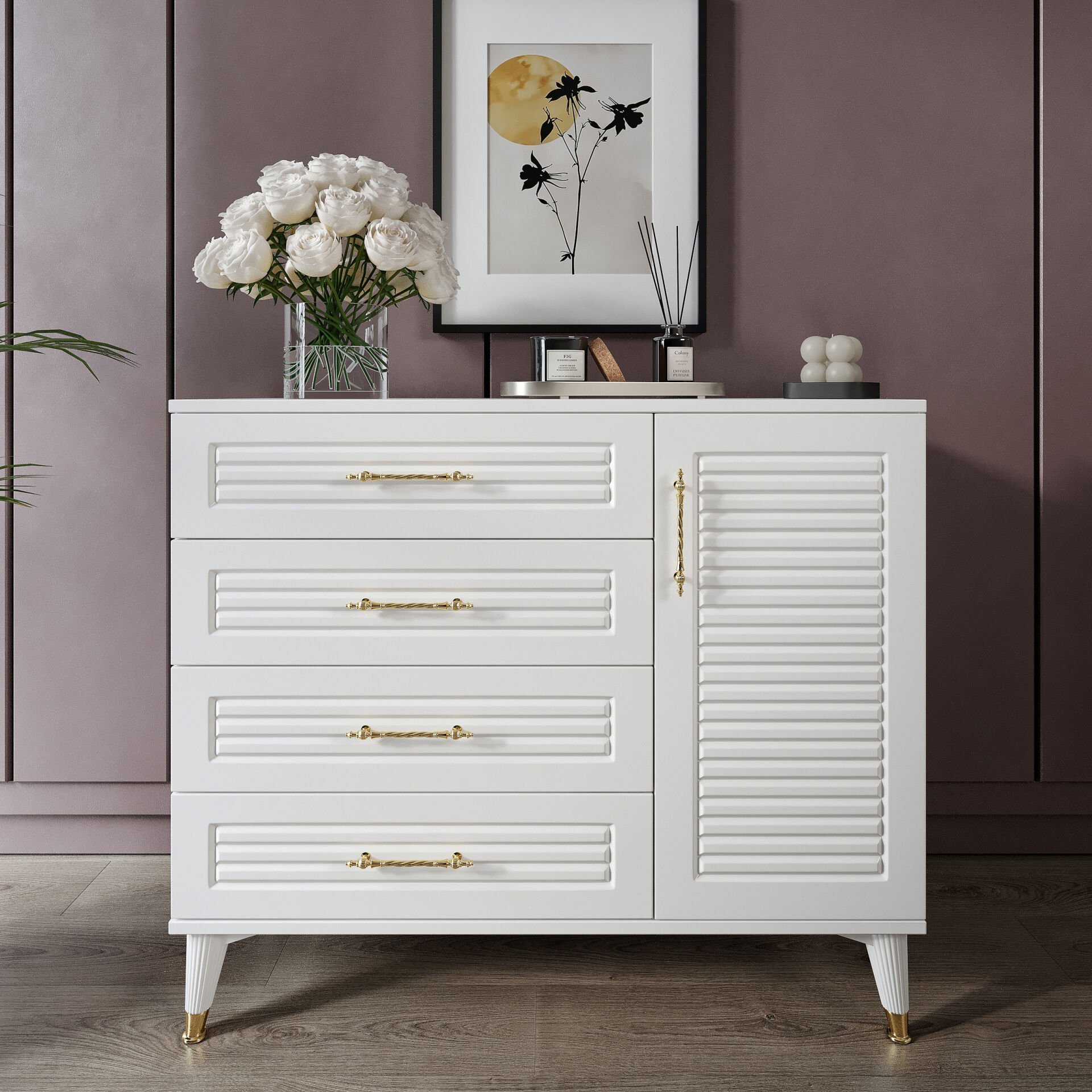 Panjurlu 4 Çekmeceli 1 Kapaklı Şifonyer – Modern Tasarım, MDF Kapak, Beyaz Gold