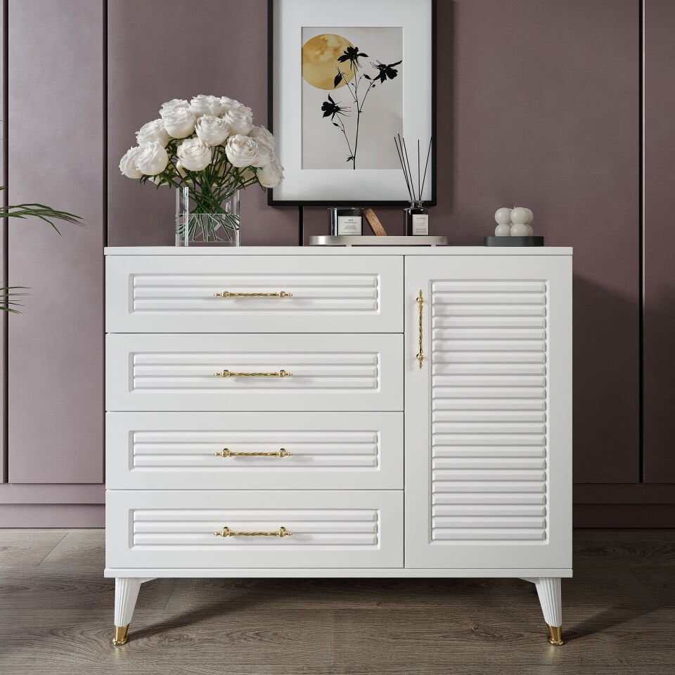 Panjurlu 4 Çekmeceli 1 Kapaklı Şifonyer – Modern Tasarım, MDF Kapak, Beyaz Gold