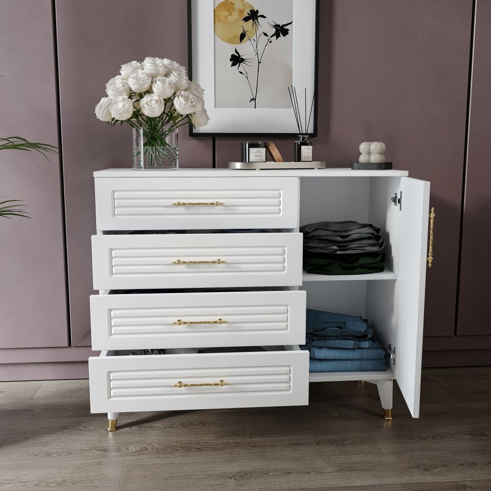 Panjurlu 4 Çekmeceli 1 Kapaklı Şifonyer – Modern Tasarım, MDF Kapak, Beyaz Gold