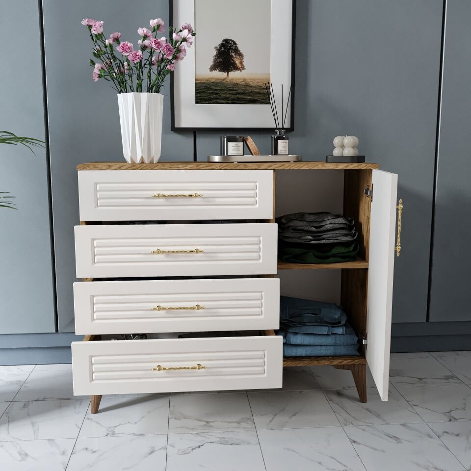 Çekmece ve kapaklı ekru ceviz yatak odası şifonyer modeli