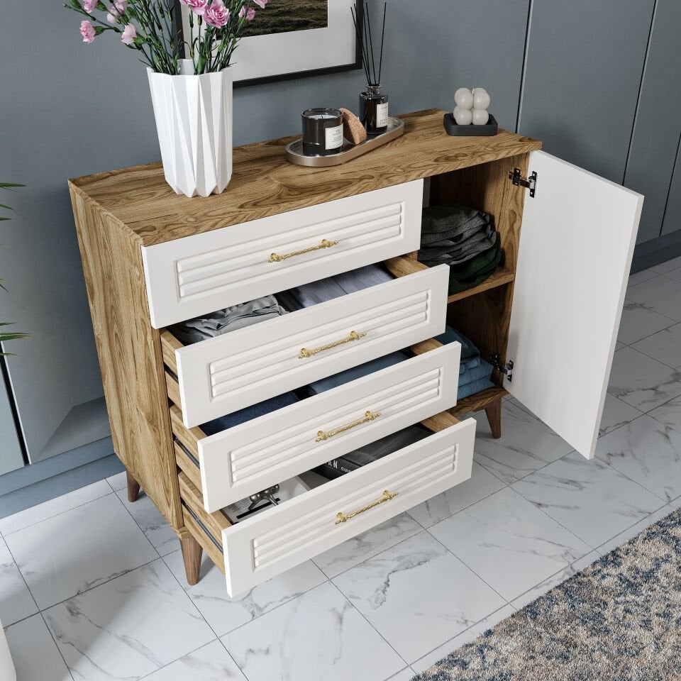 Çekmece ve kapaklı ekru ceviz yatak odası şifonyer modeli