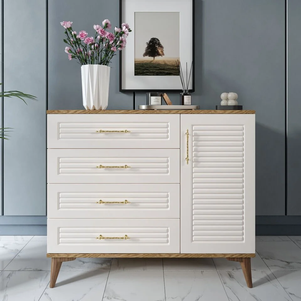 Çekmece ve kapaklı ekru ceviz yatak odası şifonyer modeli