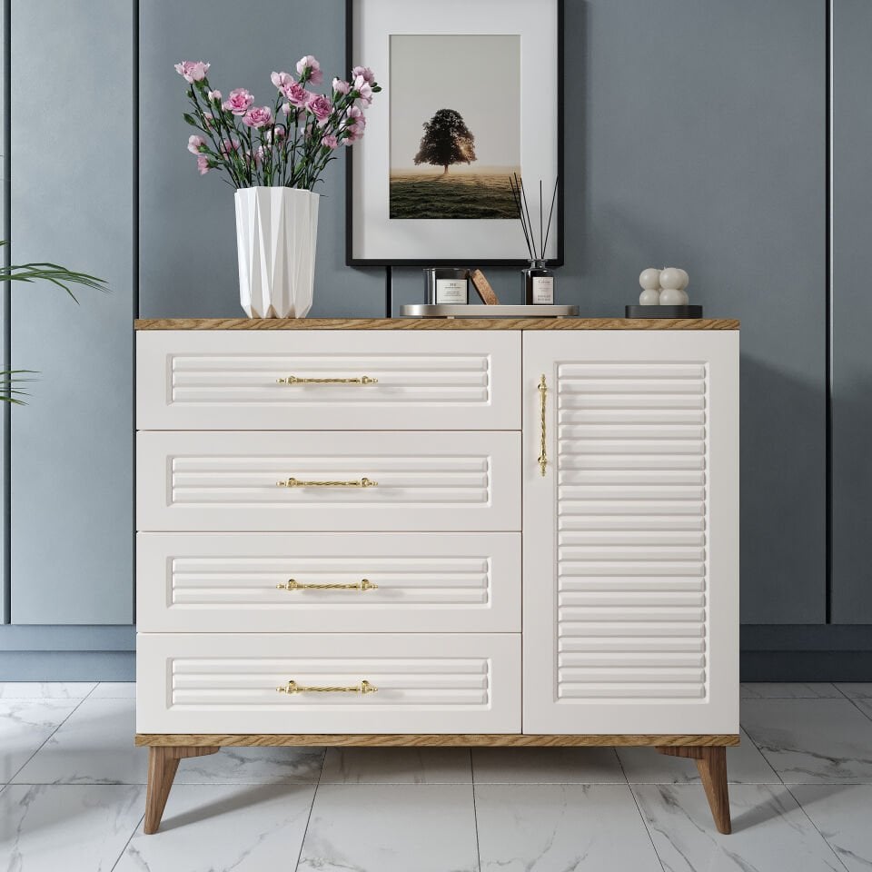 Panjurlu 4 Çekmeceli 1 Kapaklı Şifonyer – Modern Tasarım, MDF Kapak,Ekru Ceviz