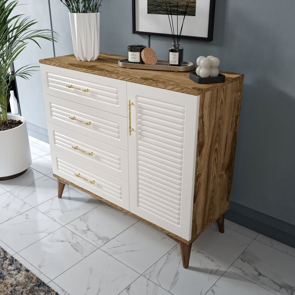 Çekmece ve kapaklı ekru ceviz yatak odası şifonyer modeli