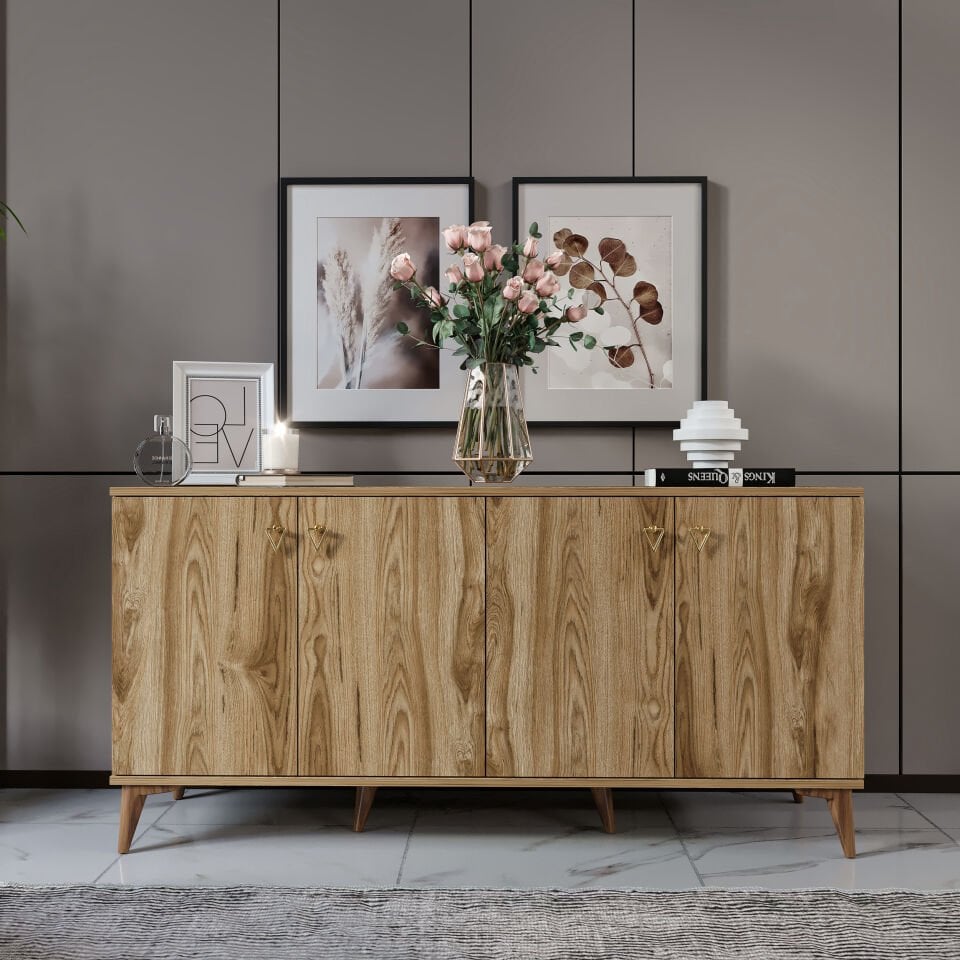 Simple Konsol Ceviz - Modern 4 Kapaklı Şık Depolama Konsolu