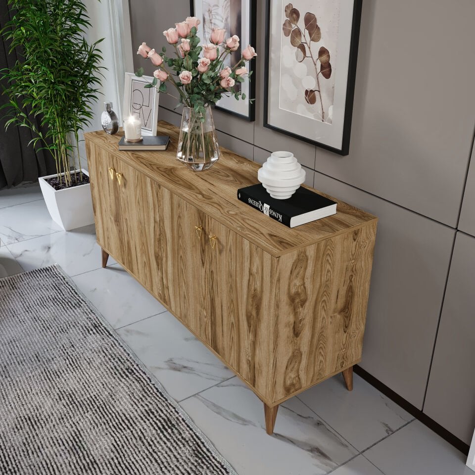 Simple Konsol Ceviz - Modern 4 Kapaklı Şık Depolama Konsolu