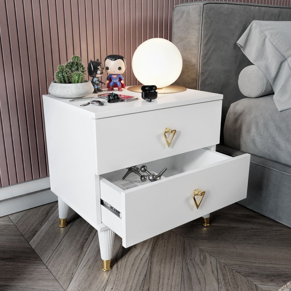 Simple 2 Çekmeceli Komodin KMD5002 Beyaz Gold