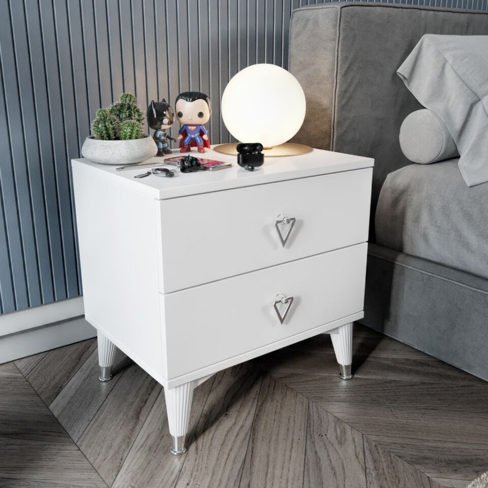 Simple 2 Çekmeceli Komodin SMP5002 Beyaz Gümüş