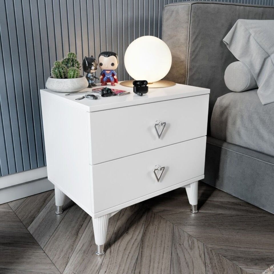 Yatak odası için beyaz renk 2 çekmeceli simple komodin modeli