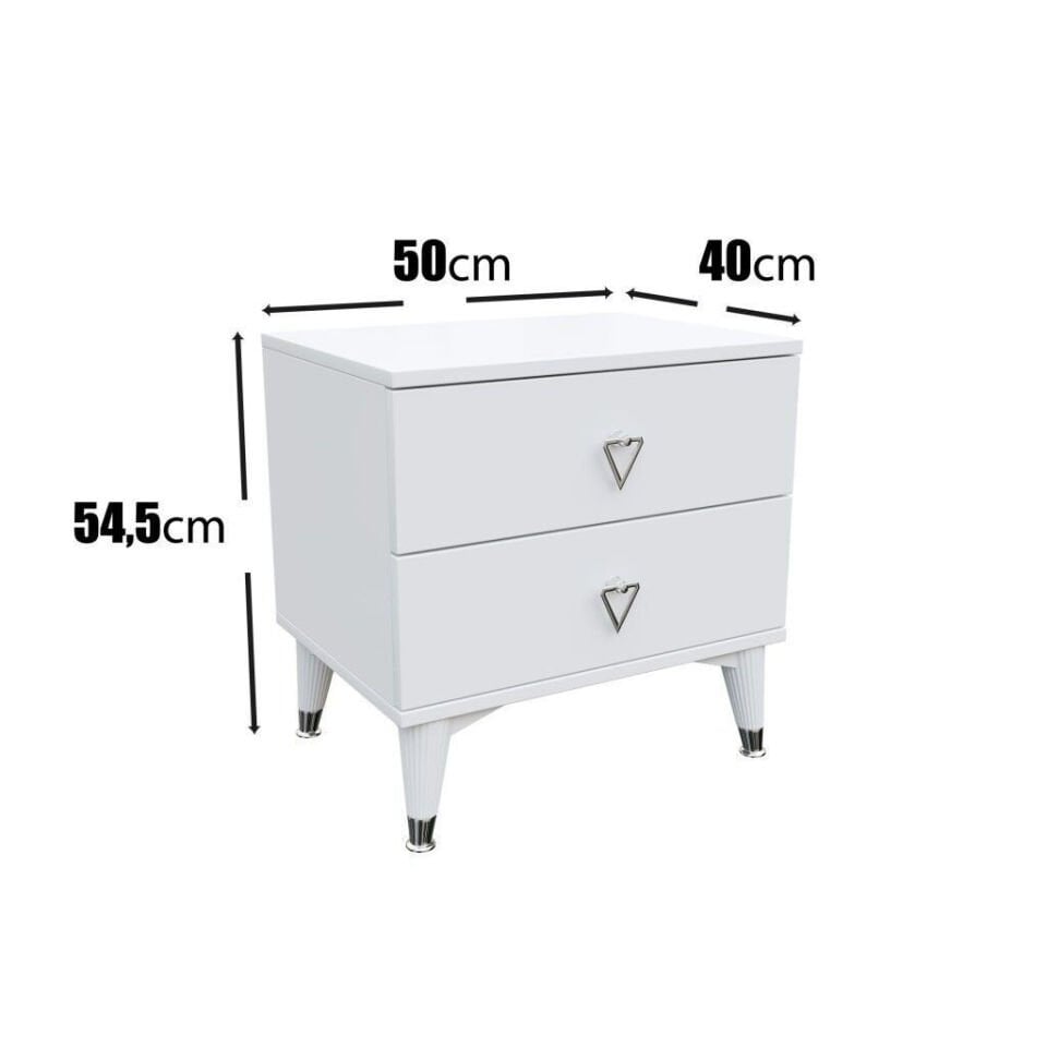 Minimal çizgilere sahip beyaz gümüş ayaklı simple komodin
