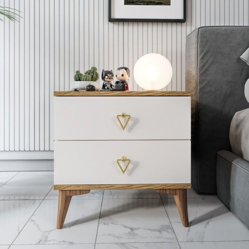 Doğal tonlara sahip ekru ceviz simple iki çekmeceli komodin