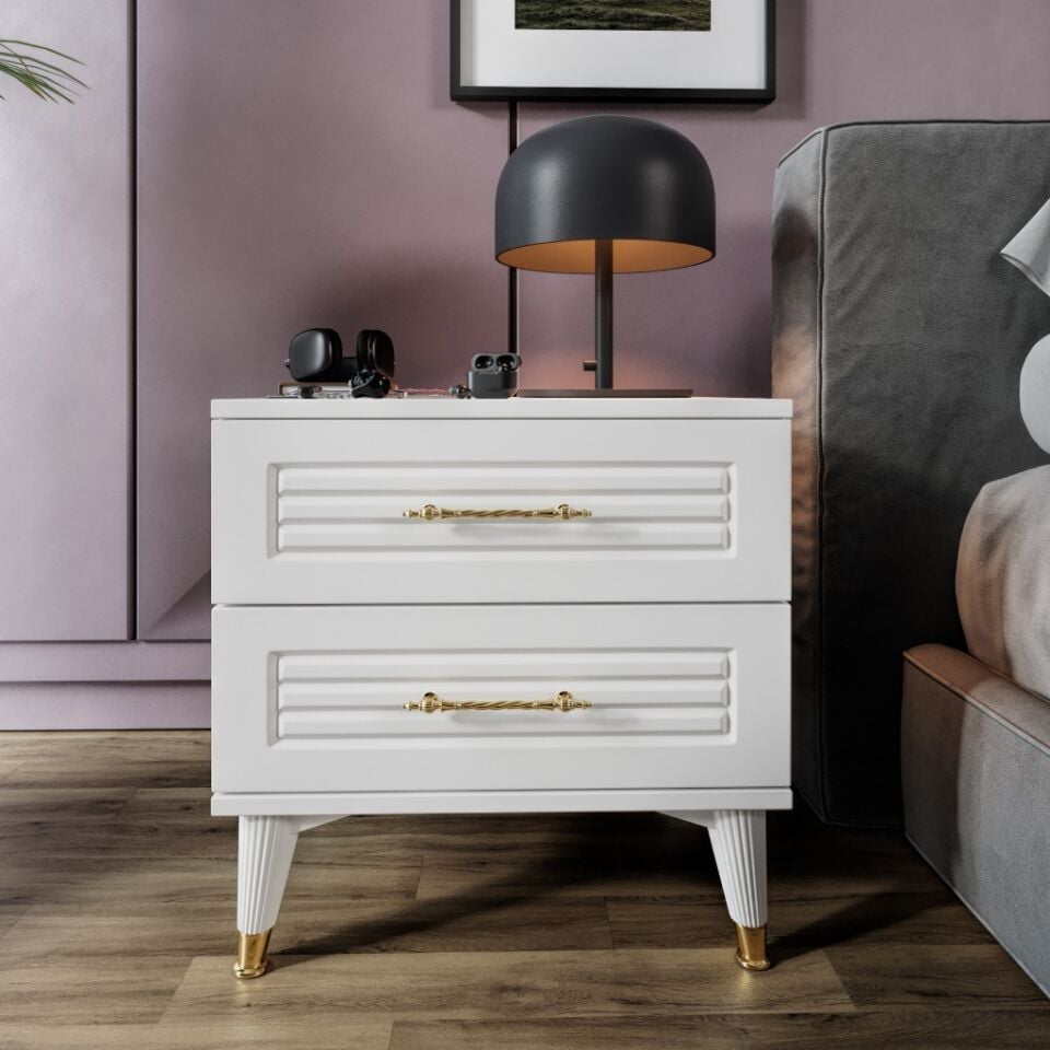 Panjurlu 2 Çekmeceli Komodin PNJ5002 Beyaz Gold