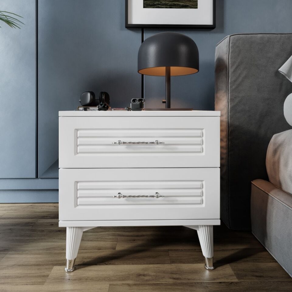 Panjurlu 2 Çekmeceli Komodin PNJ5002 Beyaz Gümüş