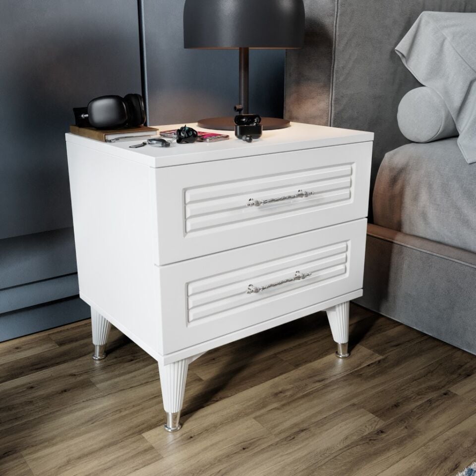 Panjurlu 2 Çekmeceli Komodin PNJ5002 Beyaz Gümüş