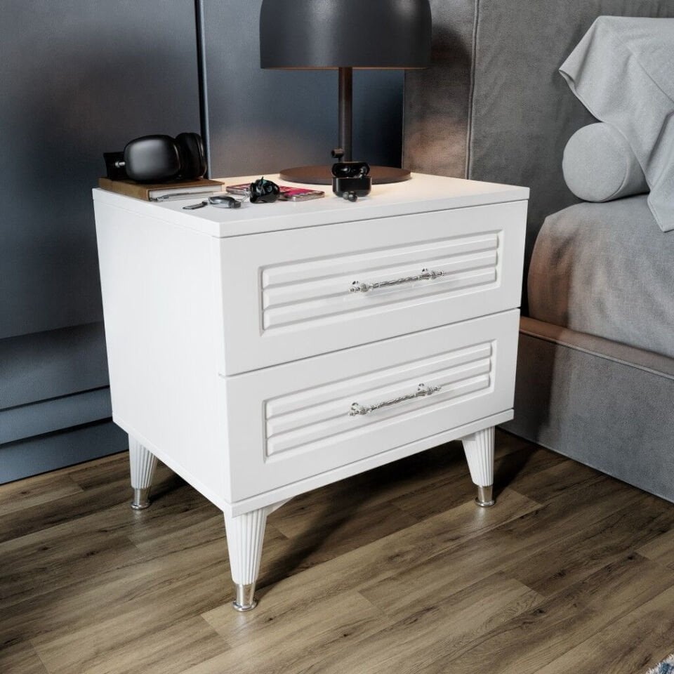 Beyaz gümüş yatak odası komodini