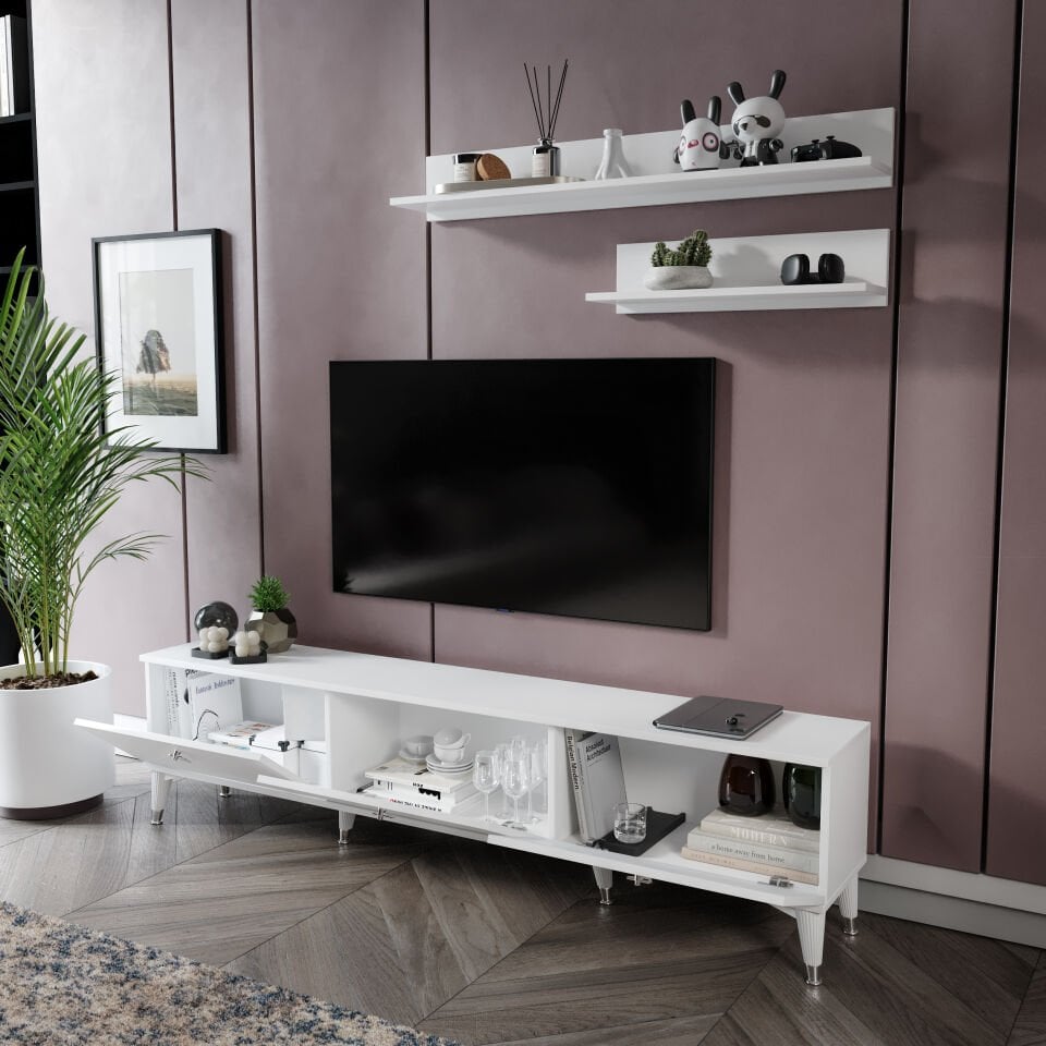 Fonksiyonel 2 raflı TV ünitesi beyaz gümüş tasarım