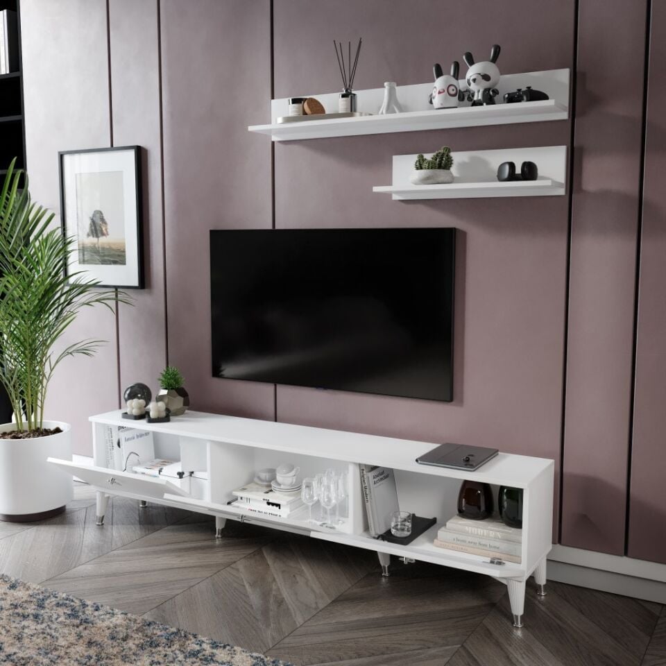 Simple Modern 180 Cm SMP18033 Tv ünitesi 2 Raflı Beyaz Gümüş