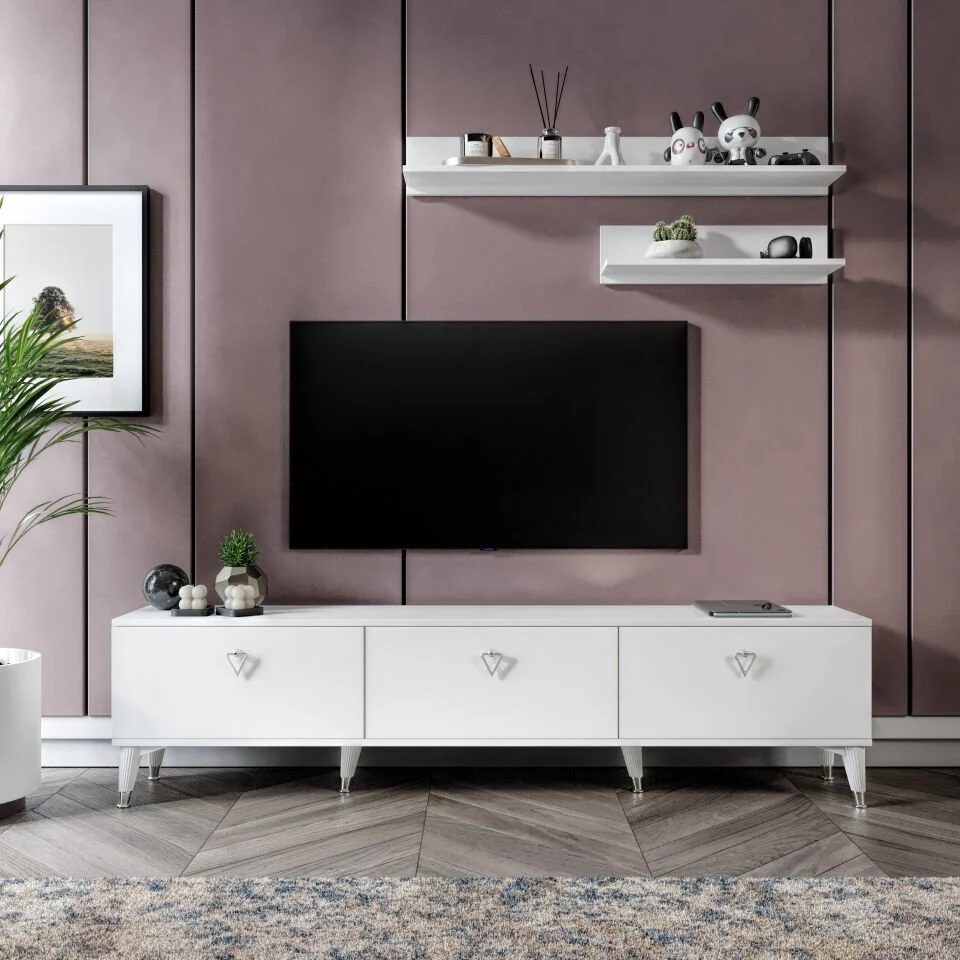 Simple Modern 180 cm TV ünitesi beyaz gümüş — 2 raflı modern model