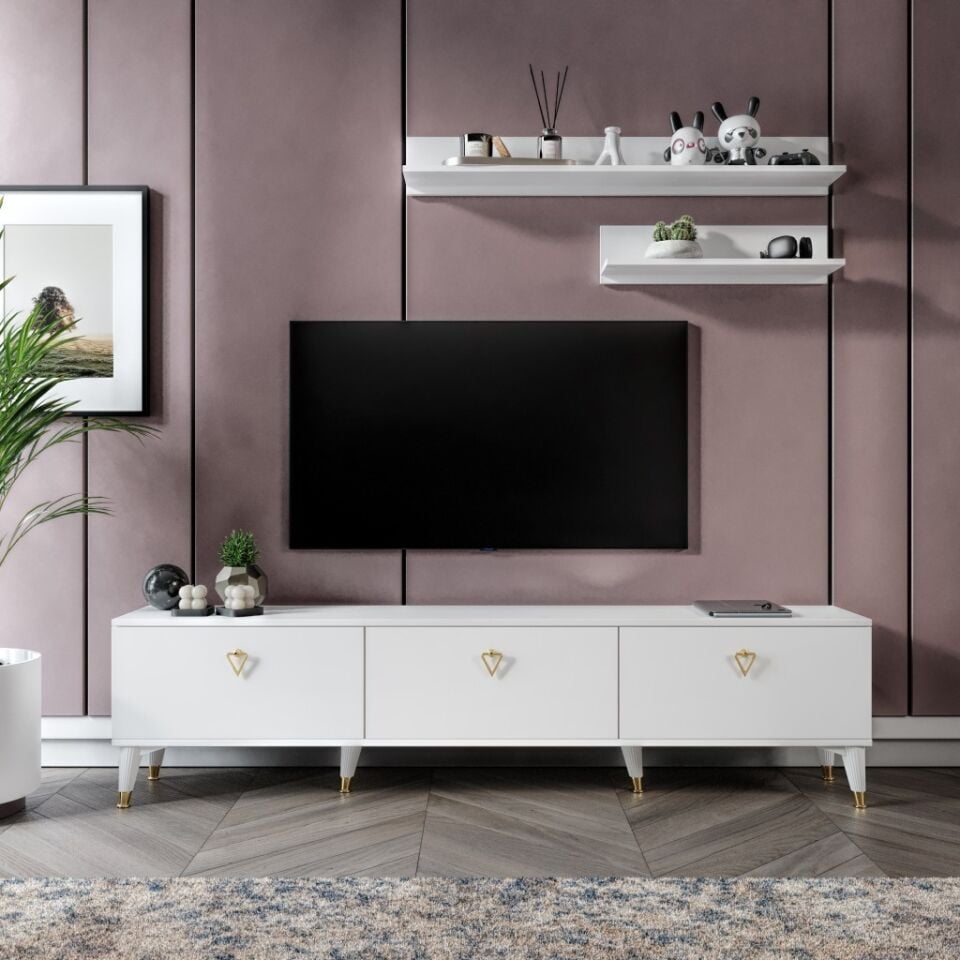 Simple Modern 180 Cm SMP18033 Tv ünitesi 2 Raflı Beyaz Gold