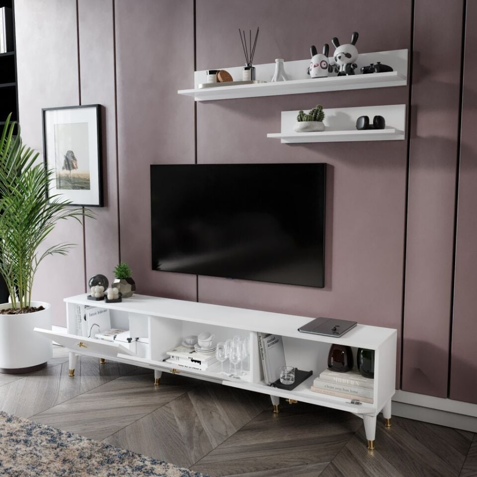 Simple Modern 180 Cm SMP18033 Tv ünitesi 2 Raflı Beyaz Gold