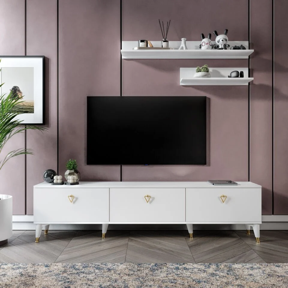 Simple Modern 180 cm TV ünitesi beyaz gold — 2 raflı modern model