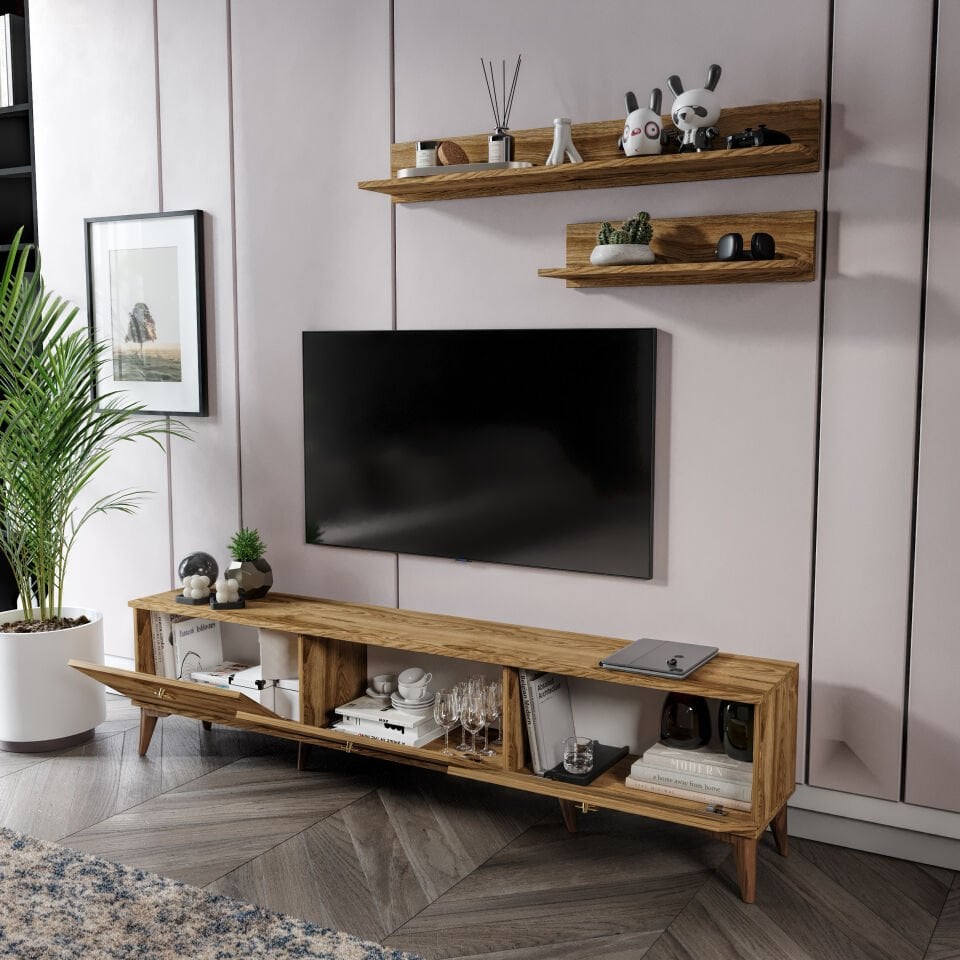Fonksiyonel 2 raflı TV ünitesi ceviz tasarım