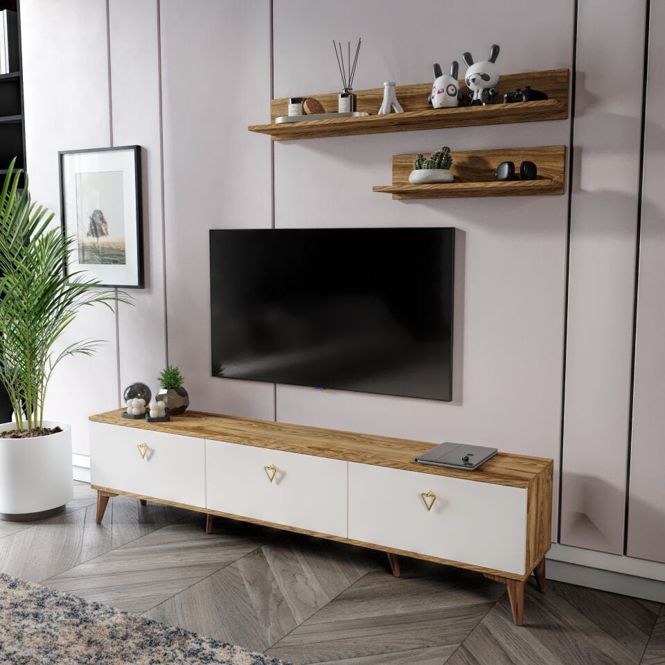 Ekru ceviz TV ünitesi 180 cm — salon dekorasyonunda şık çözüm
