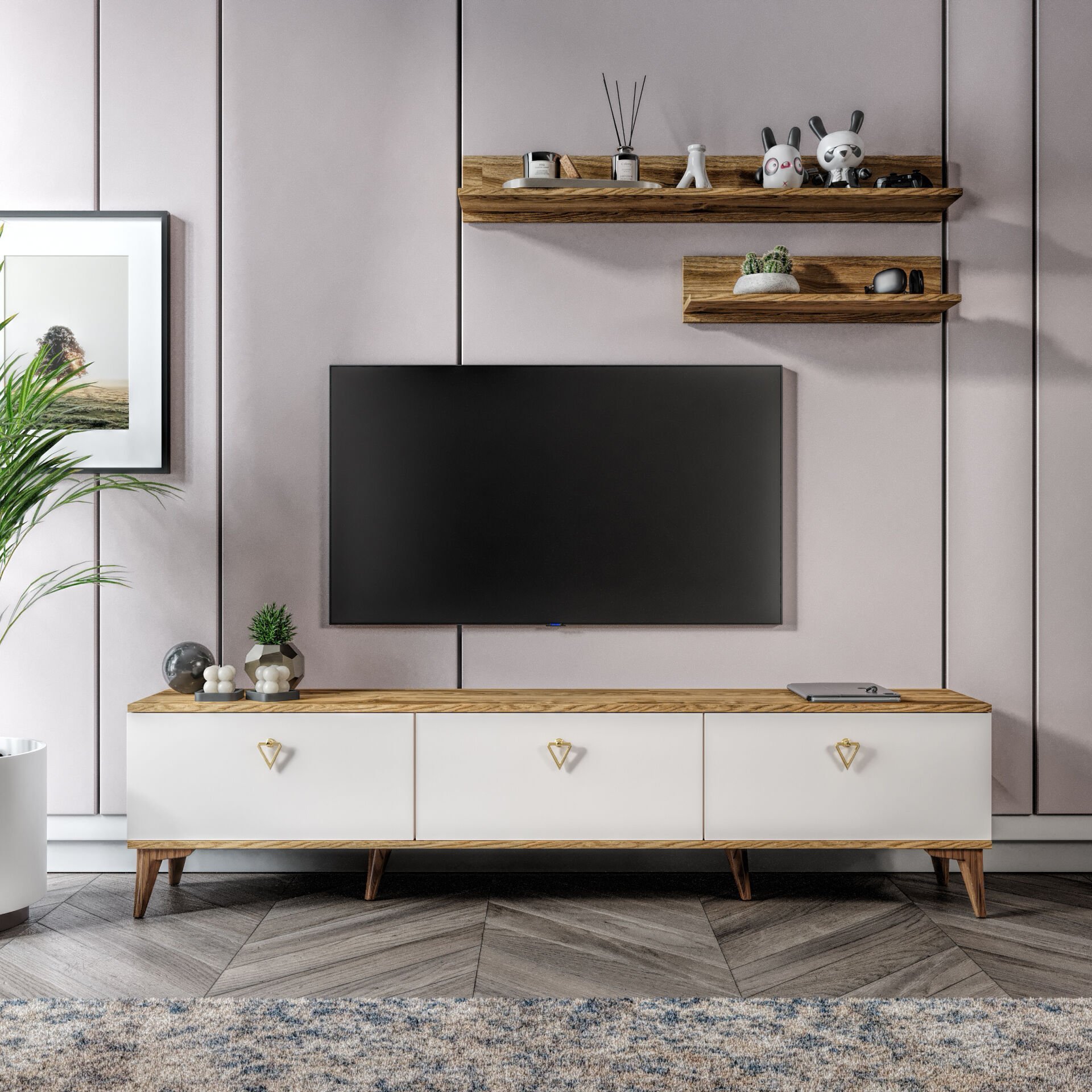 Simple Modern 180 cm TV ünitesi ekru ceviz — 2 raflı modern model