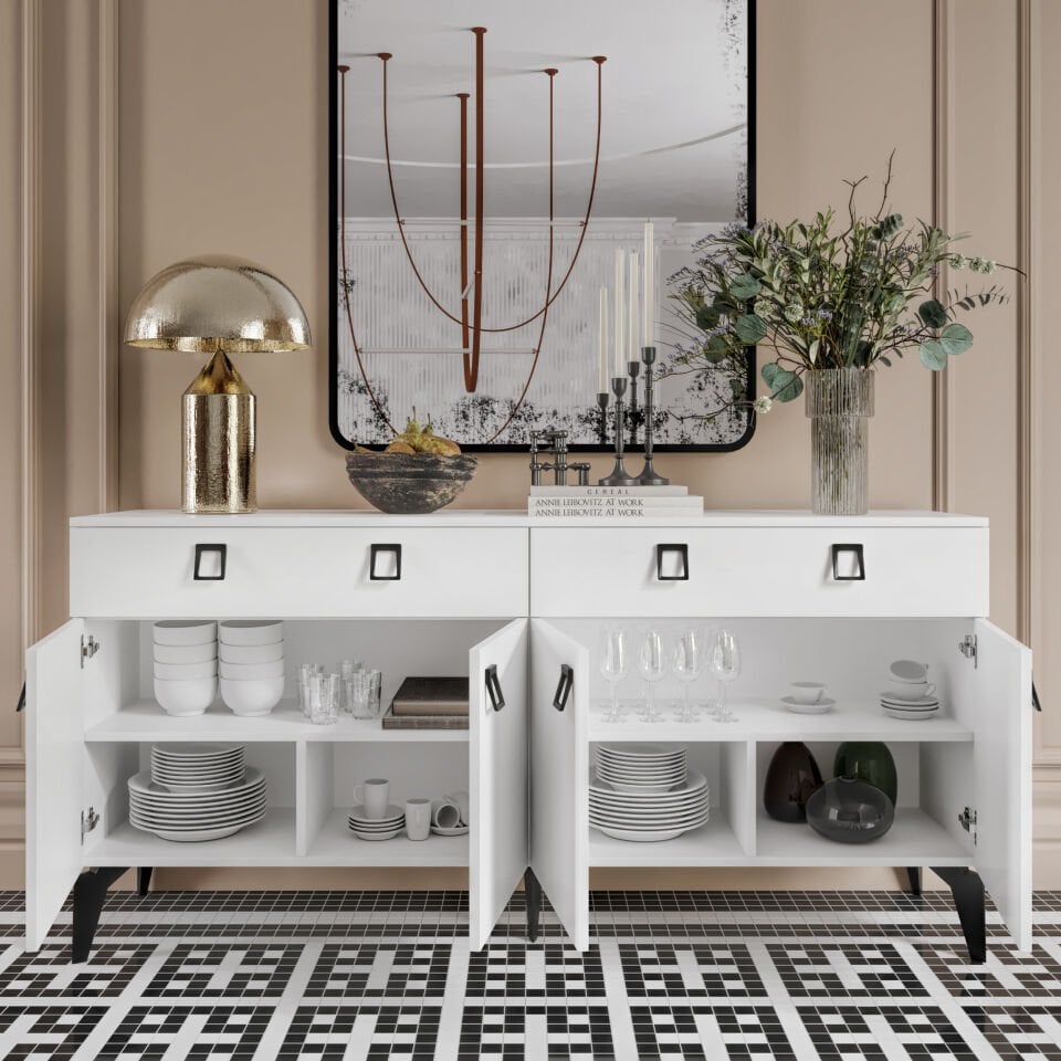 Elara konsol beyaz, 4 kapaklı 2 çekmeceli depolama alanı