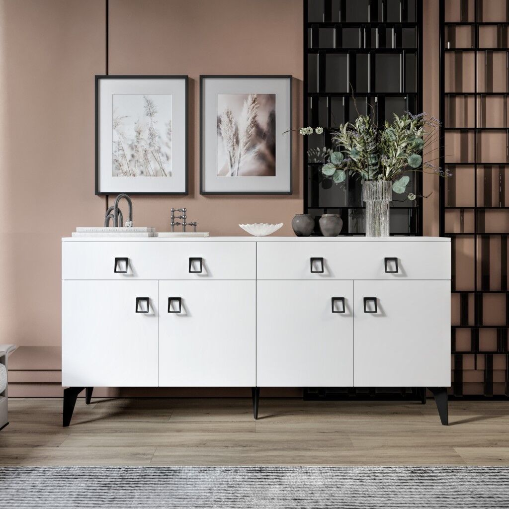 Elara Konsol – 180 cm Beyaz, Metal Ayaklı 4 Kapaklı 2 Çekmeceli Modern Konsol