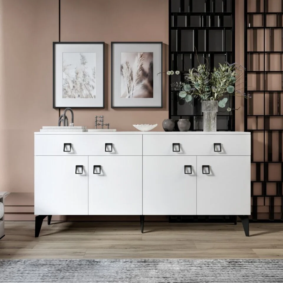 Elara Konsol – 180 cm Beyaz, Metal Ayaklı 4 Kapaklı 2 Çekmeceli Modern Konsol