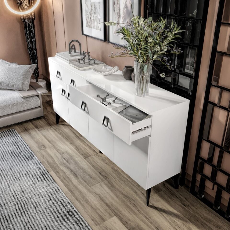 Elara Konsol – 180 cm Beyaz, Metal Ayaklı 4 Kapaklı 2 Çekmeceli Modern Konsol