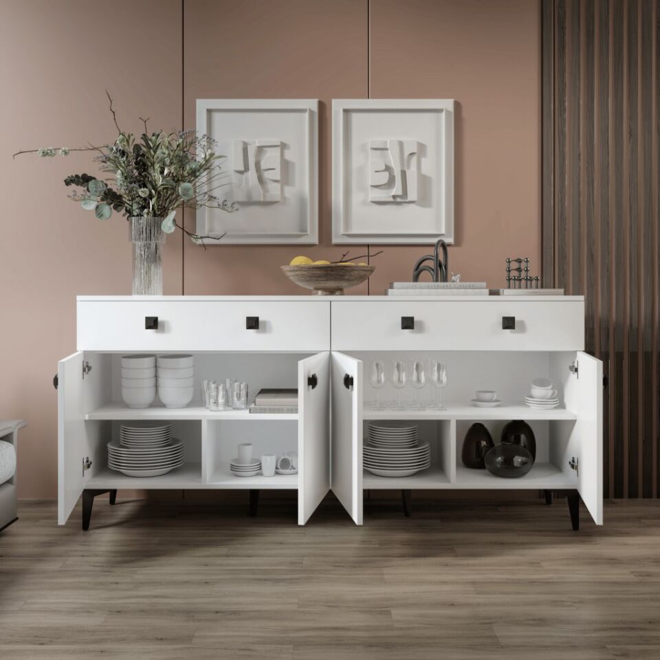 Elara Konsol – 180 cm Beyaz, Metal Ayaklı 4 Kapaklı 2 Çekmeceli Modern Konsol