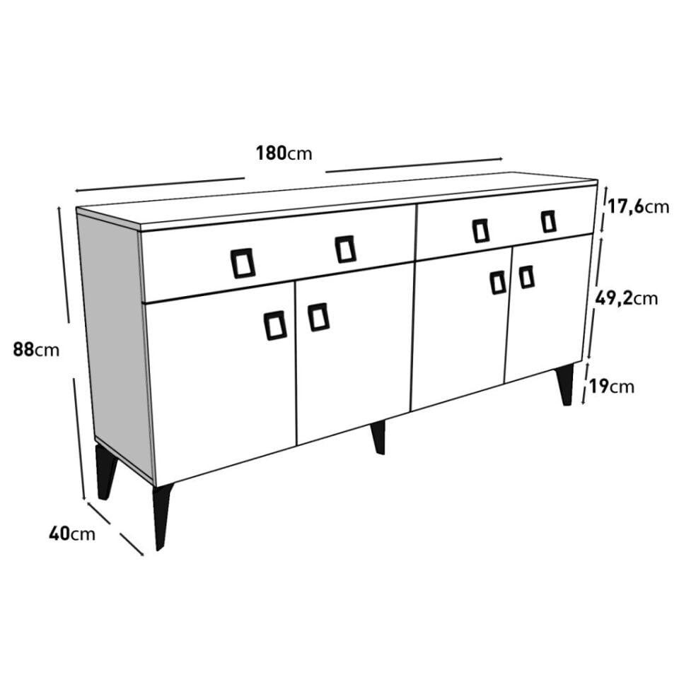 Elara Konsol – 180 cm Beyaz, Metal Ayaklı 4 Kapaklı 2 Çekmeceli Modern Konsol