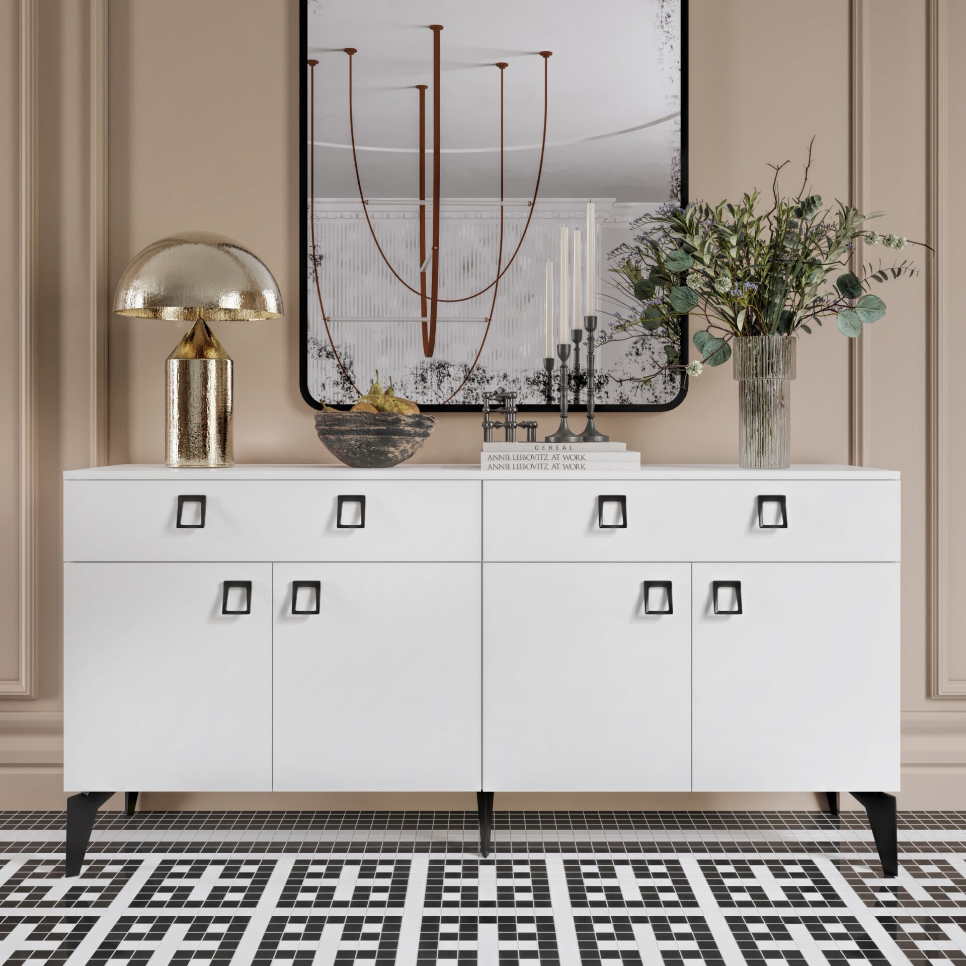 Beyaz Elara konsol 180 cm, metal ayaklı modern konsol