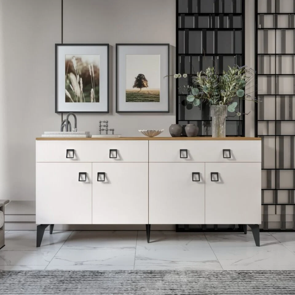 Elara Konsol – 180 cm Aytaşı Ceviz,Metal Ayaklı 4 Kapaklı 2 Çekmeceli Modern Konsol